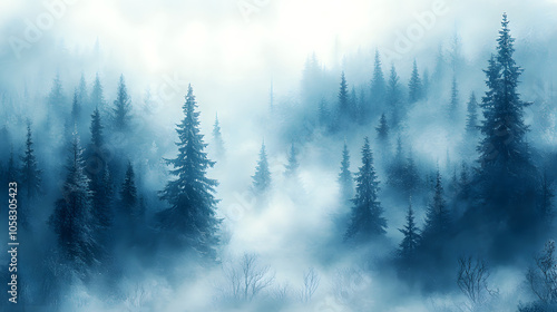 Mist-Covered Forest Landscape with Trees Fading into Fog, Creating a Mysterious and Serene Atmosphere 