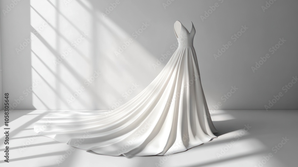 Elegant white dress displayed in soft light, showcasing fabric and design details. Elegant white dress displayed in soft light, showcasing fabric and design details.
