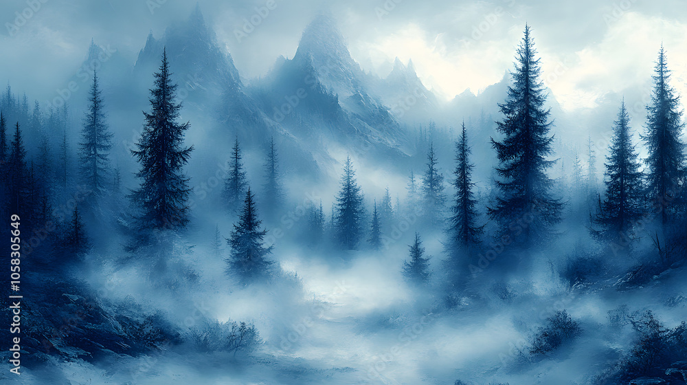 Mist-Covered Forest Landscape with Trees Fading into Fog, Creating a Mysterious and Serene Atmosphere
Mist-Covered Forest Landscape with Trees Fading into Fog, Creating a Mysterious and Serene Atmosphere