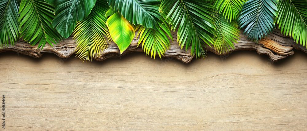 Tropical Palm Leaves on Wooden Background. Tropical Palm Leaves on Wooden Background.