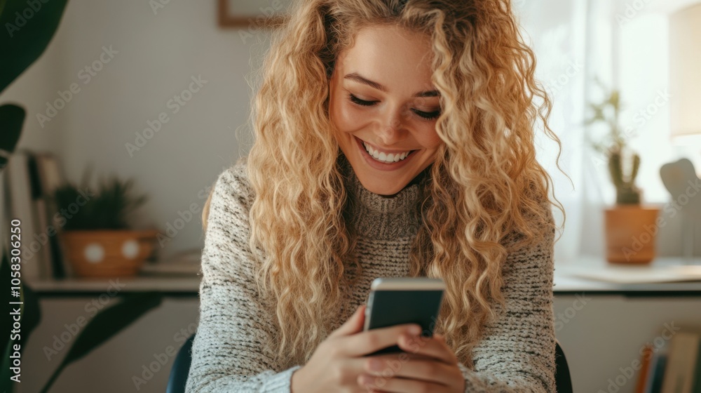 Curly blonde woman with a joyful smile, typing a message Curly blonde woman with a joyful smile, typing a message