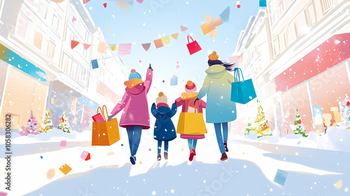 Vector illustration of happy family with shopping bags in winter city street.