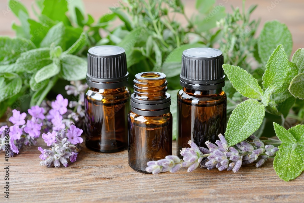 Three amber essential oil bottles surrounded by fresh herbs and purple flowers on a wooden surface. Three amber essential oil bottles surrounded by fresh herbs and purple flowers on a wooden surface.