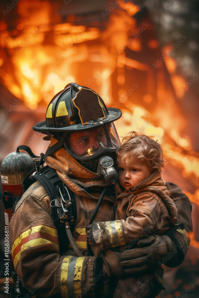 Brave firefighter heroically rescuing a child from a burning house engulfed in flames Brave firefighter heroically rescuing a child from a burning house engulfed in flames