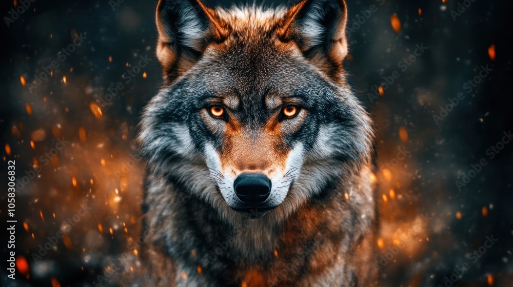 A fierce wolf with glowing eyes amidst a dramatic, fiery backdrop. A fierce wolf with glowing eyes amidst a dramatic, fiery backdrop.