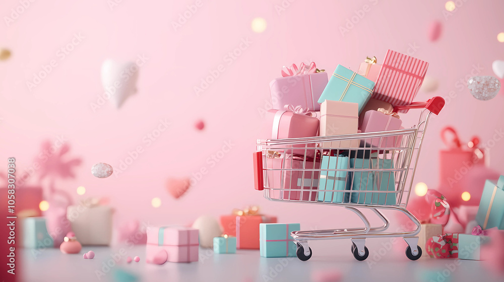 Shopping cart with gift boxes and confetti on blue background. Shopping cart with gift boxes and confetti on blue background.