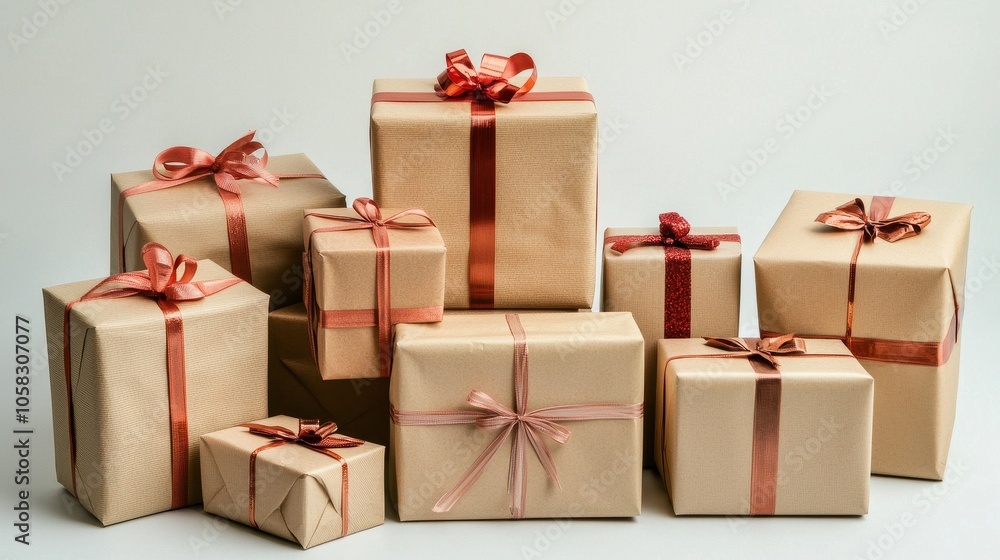 Neatly Wrapped Christmas Presents with Ribbons Neatly Wrapped Christmas Presents with Ribbons