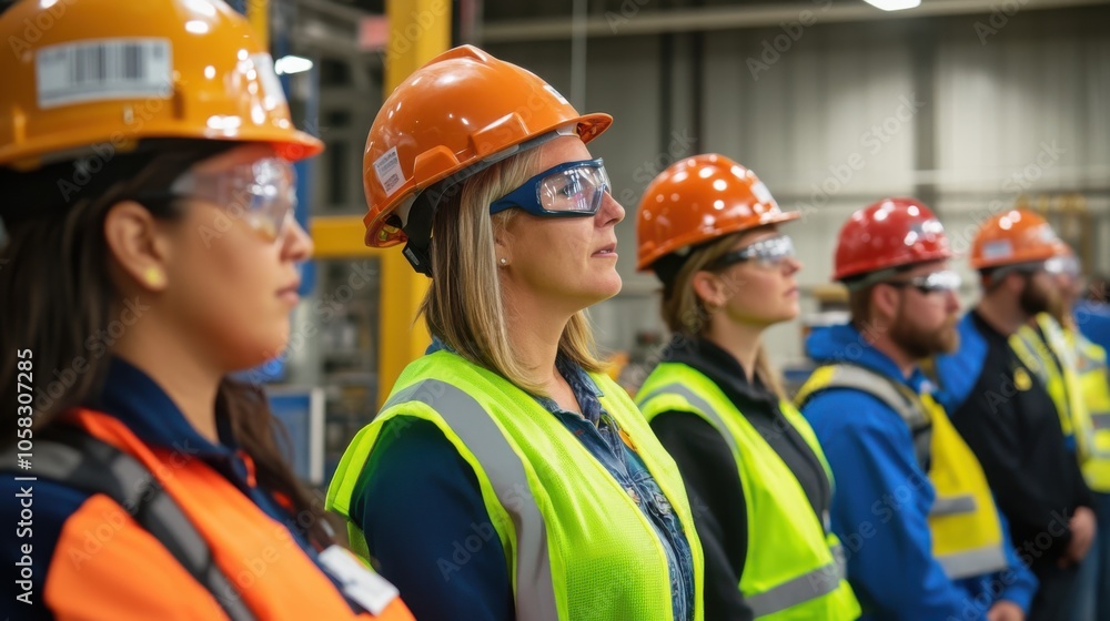 Industrial workers attending a safety training session, Industrial workers attending a safety training session,
