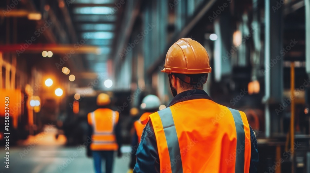 Industrial workers wearing helmets and safety vests, Industrial workers wearing helmets and safety vests,