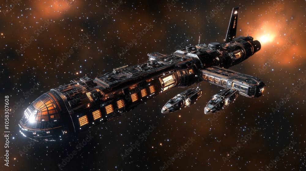 A futuristic spaceship navigating through a starry space environment. A futuristic spaceship navigating through a starry space environment.