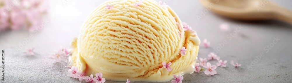 A scoop of creamy ice cream garnished with delicate pink flowers on a smooth surface. A scoop of creamy ice cream garnished with delicate pink flowers on a smooth surface.
