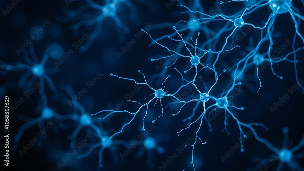 Blue Neurons and Synapses on Dark Background Blue Neurons and Synapses on Dark Background