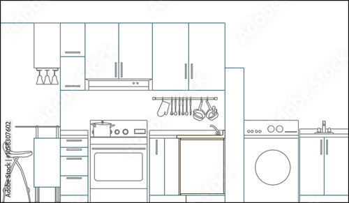 Vector sketch illustration of home kitchen interior architectural design silhouette