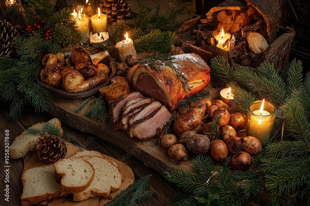 A cozy, rustic holiday feast featuring a wooden table set with roasted meats, homemade bread, and root vegetables, surrounded by natural elements like pine branches and glowing candles A cozy, rustic holiday feast featuring a wooden table set with roasted meats, homemade bread, and root vegetables, surrounded by natural elements like pine branches and glowing candles