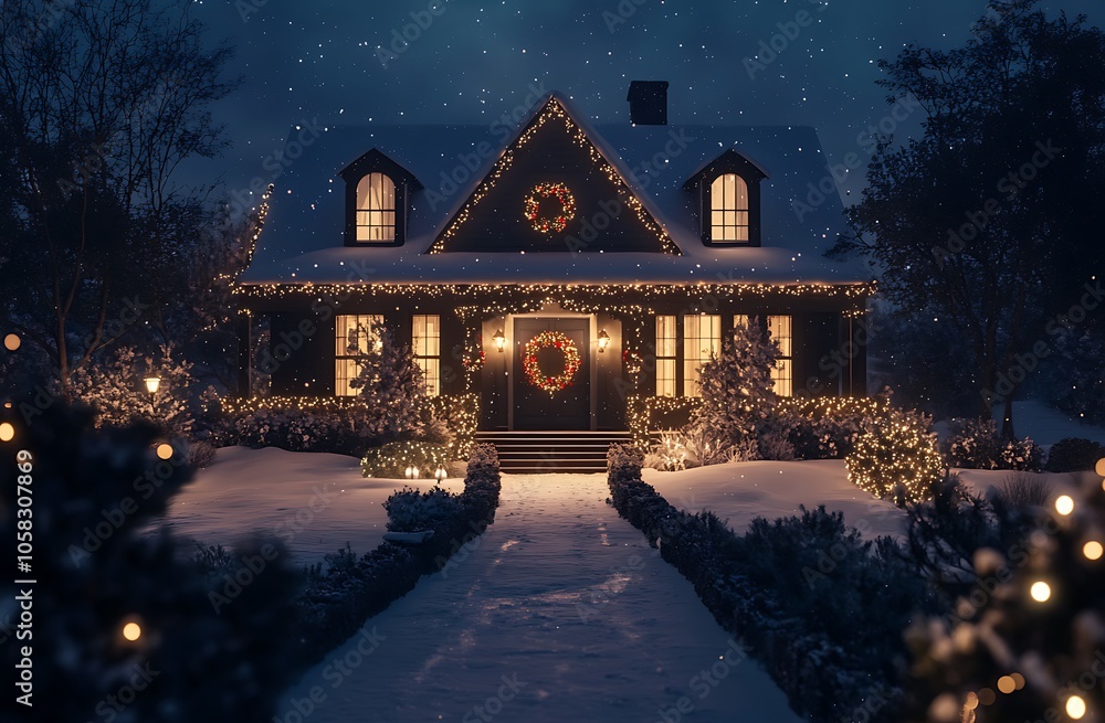 Fototapeta premium Stylish Christmas lights on the roof of your home, creating an enchanting and festive atmosphere for all to enjoy. A well-lit house with white LED Christmas light decoration