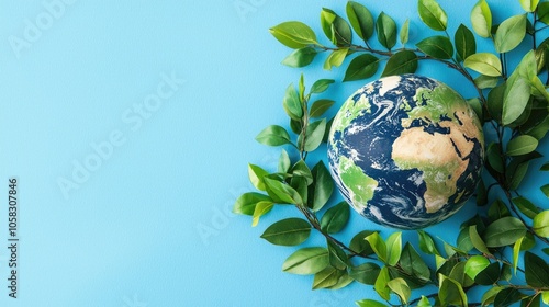 Earth globe surrounded by fresh green leaves on blue background.