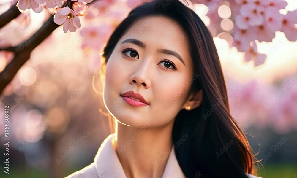 Young Woman in Cherry Blossom Garden at Golden Hour Embracing Nature's Beauty in Soft Spring Lighting