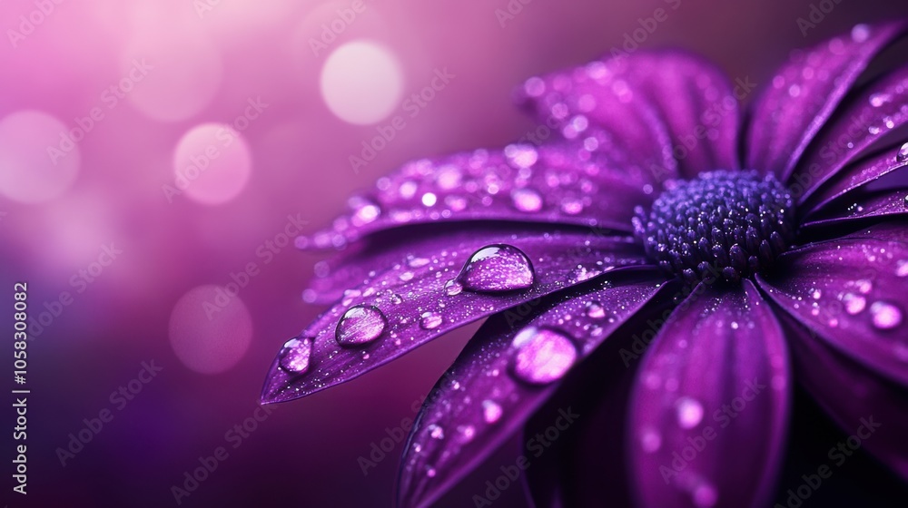 Purple flower petals with water droplets, softly glowing on a deep Purple flower petals with water droplets, softly glowing on a deep