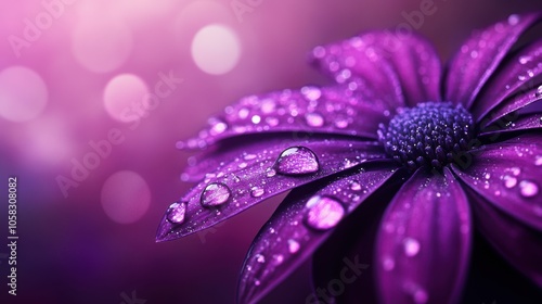 Purple flower petals with water droplets, softly glowing on a deep