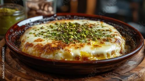 Warm Turkish knefe sprinkled with pistachios, beautifully presented on a ceramic plate, with the cheese oozing out. photo