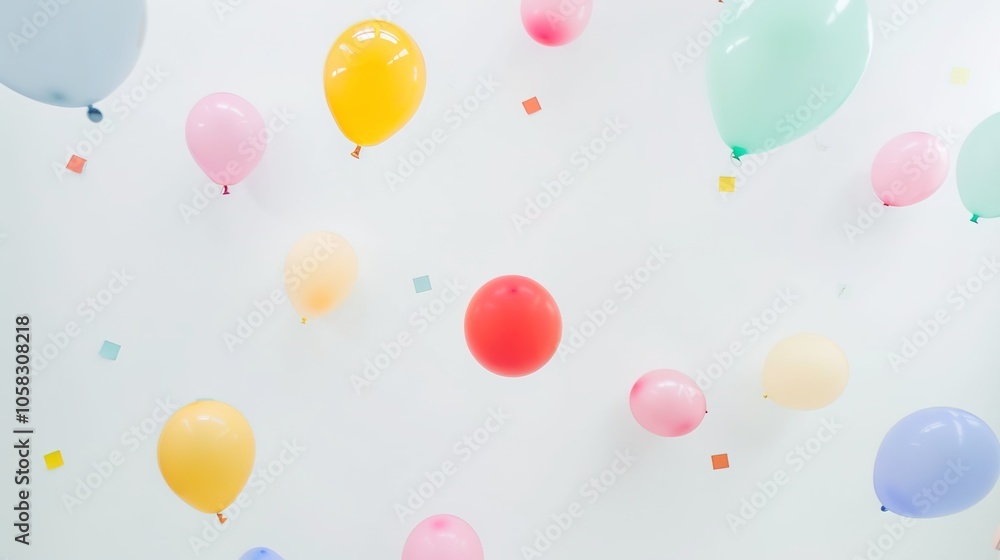 White background with colorful balloons floating creates a whimsical and enchanting scene. A delightful blend of purity and celebration, perfect for adding a touch of magic to any project White background with colorful balloons floating creates a whimsical and enchanting scene. A delightful blend of purity and celebration, perfect for adding a touch of magic to any project