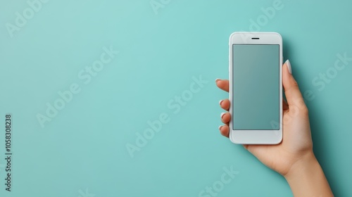 Woman's hand holding a white smartphone with blank screen, perfect mockup for app or website design photo