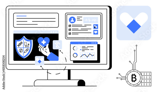 Computer screen displays medical icons, charts, and a healthcare hand holding a heart icon. Ideal for telemedicine, health technology, digital health records, blockchain in healthcare, and remote