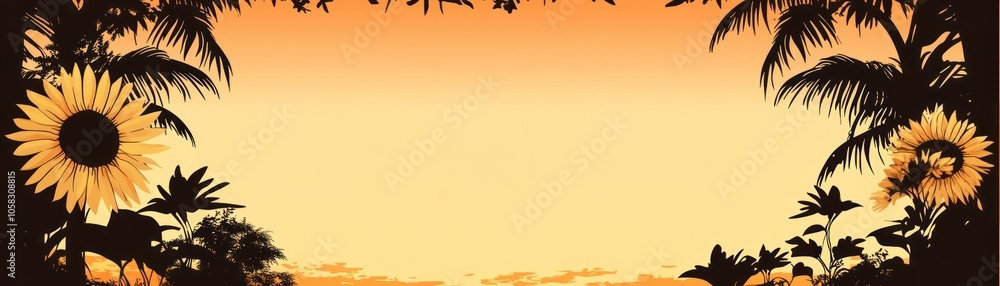 Obraz premium A serene sunset scene framed by sunflowers and palm leaves, evoking tranquility.