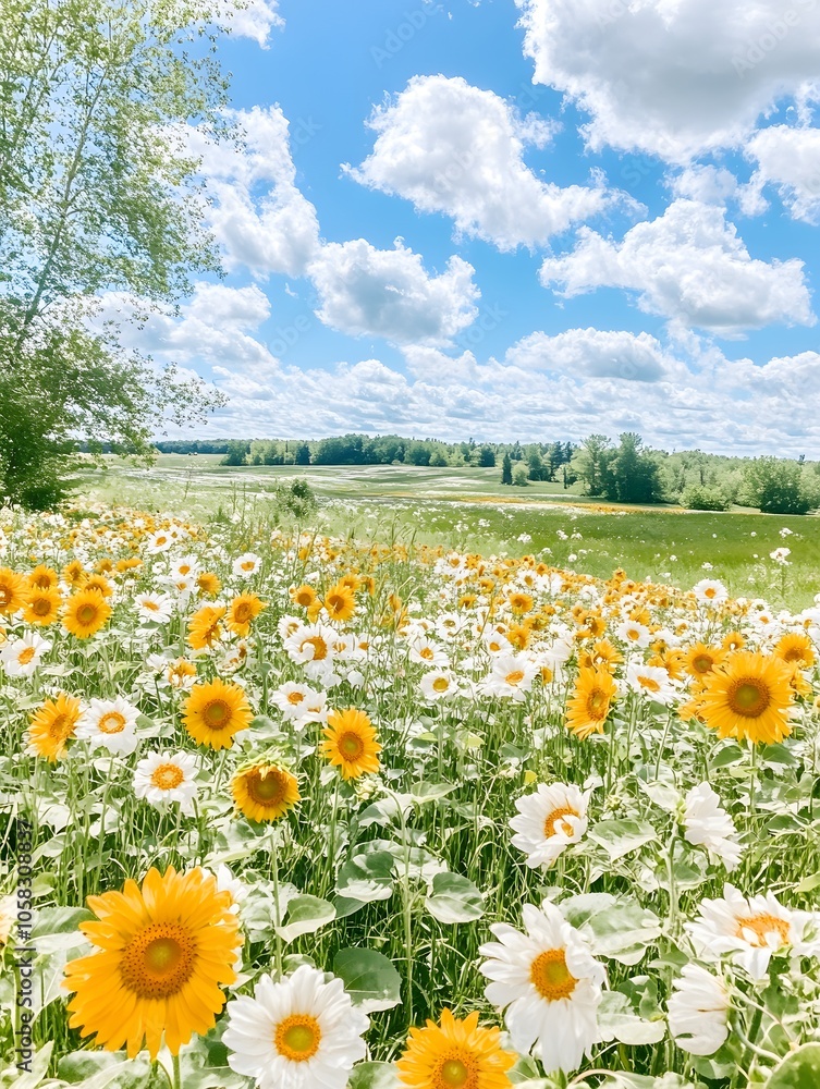 Obraz premium Vibrant Sunflower Field Under Blue Sky