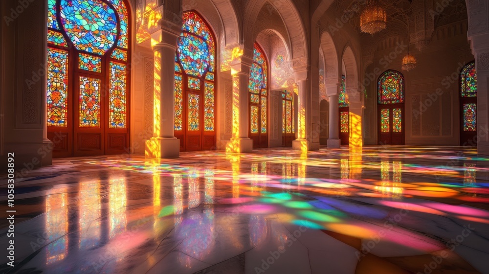 The interior of a mosque with soft, natural light streaming through The interior of a mosque with soft, natural light streaming through