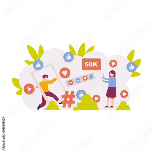 Two people using a phone with social media icons and a hashtag, set against green bushes. Suitable for technology concepts.