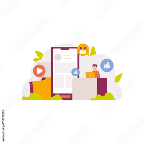 Person working on laptop in front large smartphone, positive social media icons.