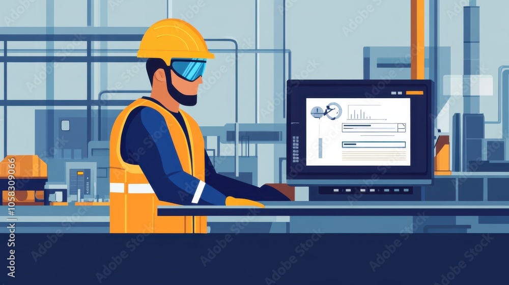 Work safety concept with a worker in protective gear operating Work safety concept with a worker in protective gear operating