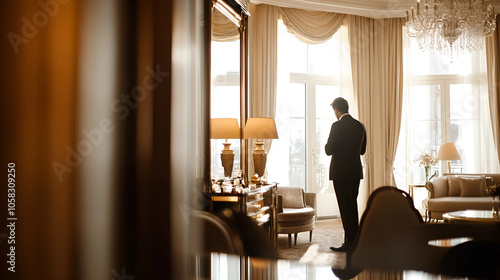 Businessman looking out the window in a luxury hotel room, back view