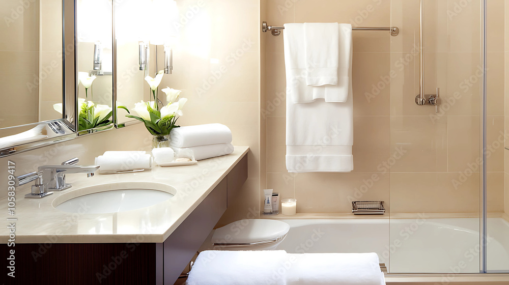 Bathroom interior with modern mirror, towel and soap dispenser Bathroom interior with modern mirror, towel and soap dispenser