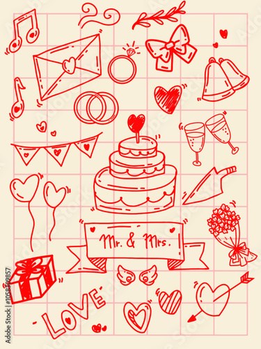 Hand Drawing Wedding day symbol doodle art with red color pen