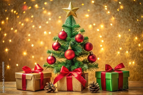 Aerial View of a Festive Christmas Scene Featuring a Small Green Tree with Red Balls and Gold Star Surrounded by Large Red Gift Boxes with Gold Bows for Holiday Celebration