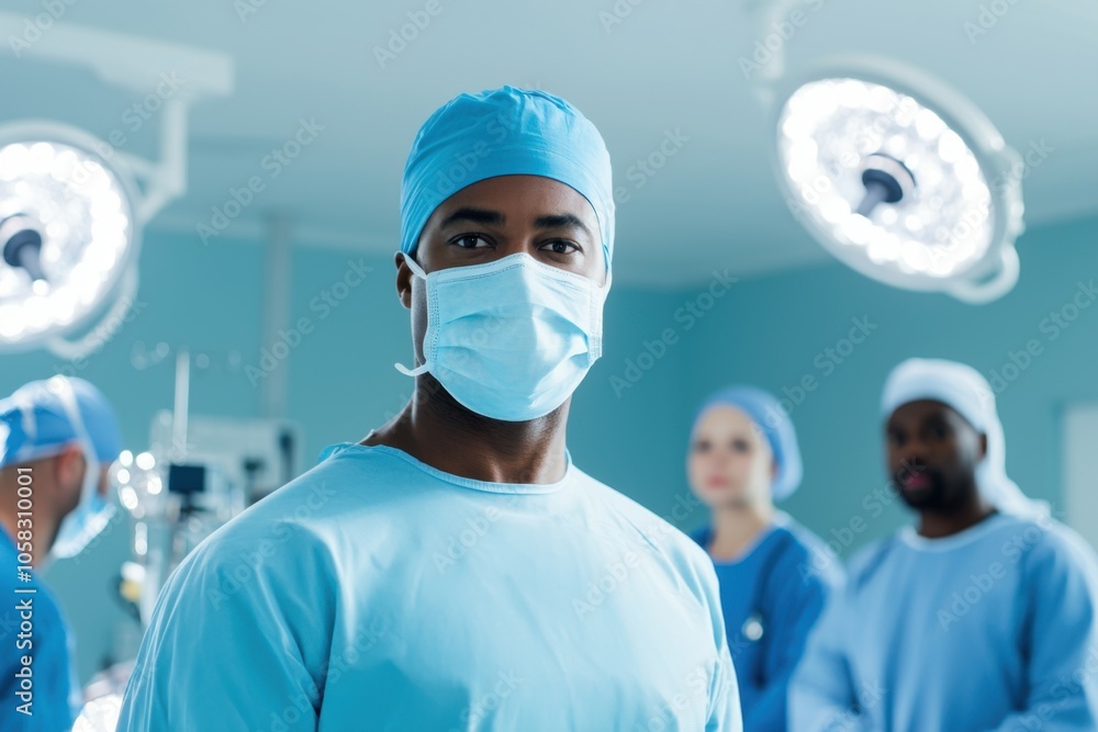 focused medical professional in scrubs and mask, surrounded by colleagues in surgical environment, conveying teamwork and dedication focused medical professional in scrubs and mask, surrounded by colleagues in surgical environment, conveying teamwork and dedication