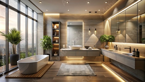 Aerial View of a Stylish Modern Bathroom with Minimalist Decor and Elegant Illumination, Perfect for Editorial and Marketing Use, Ample Copy Space for Text and Branding