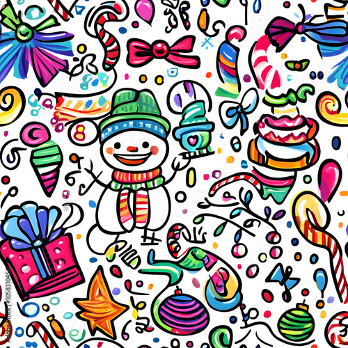 Seamless Pattern Whimsical Christmas and New Year Doodles Featuring Festive Icons, Cozy Winter Scenes, and Seasonal Decorations in Vibrant Colors