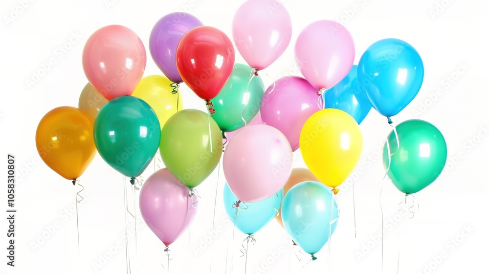 White background with colorful balloons floating creates a whimsical and enchanting scene. A delightful blend of purity and celebration, perfect for adding a touch of magic to any project. White background with colorful balloons floating creates a whimsical and enchanting scene. A delightful blend of purity and celebration, perfect for adding a touch of magic to any project.