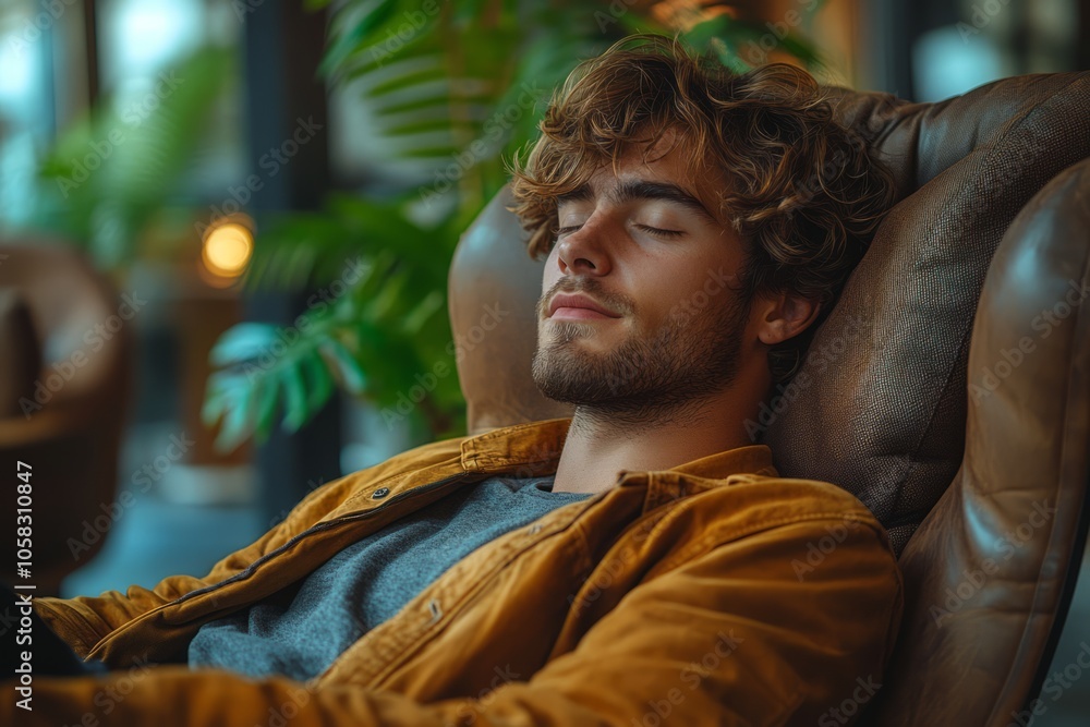 Relaxing Moment: Man Enjoying a Calm Atmosphere Relaxing Moment: Man Enjoying a Calm Atmosphere
