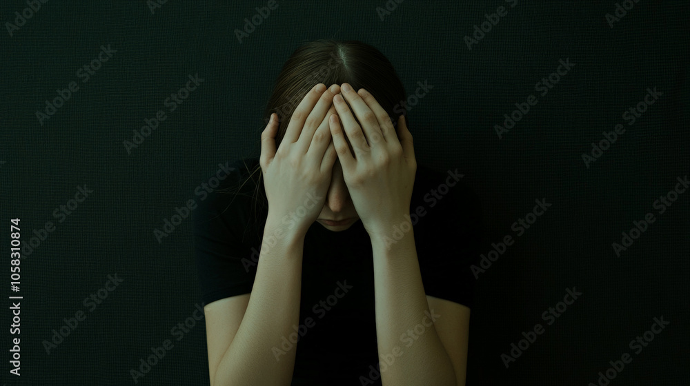 person expressing distress with hands covering their face, conveying feelings of being trapped or overwhelmed. dark background enhances emotional tone person expressing distress with hands covering their face, conveying feelings of being trapped or overwhelmed. dark background enhances emotional tone