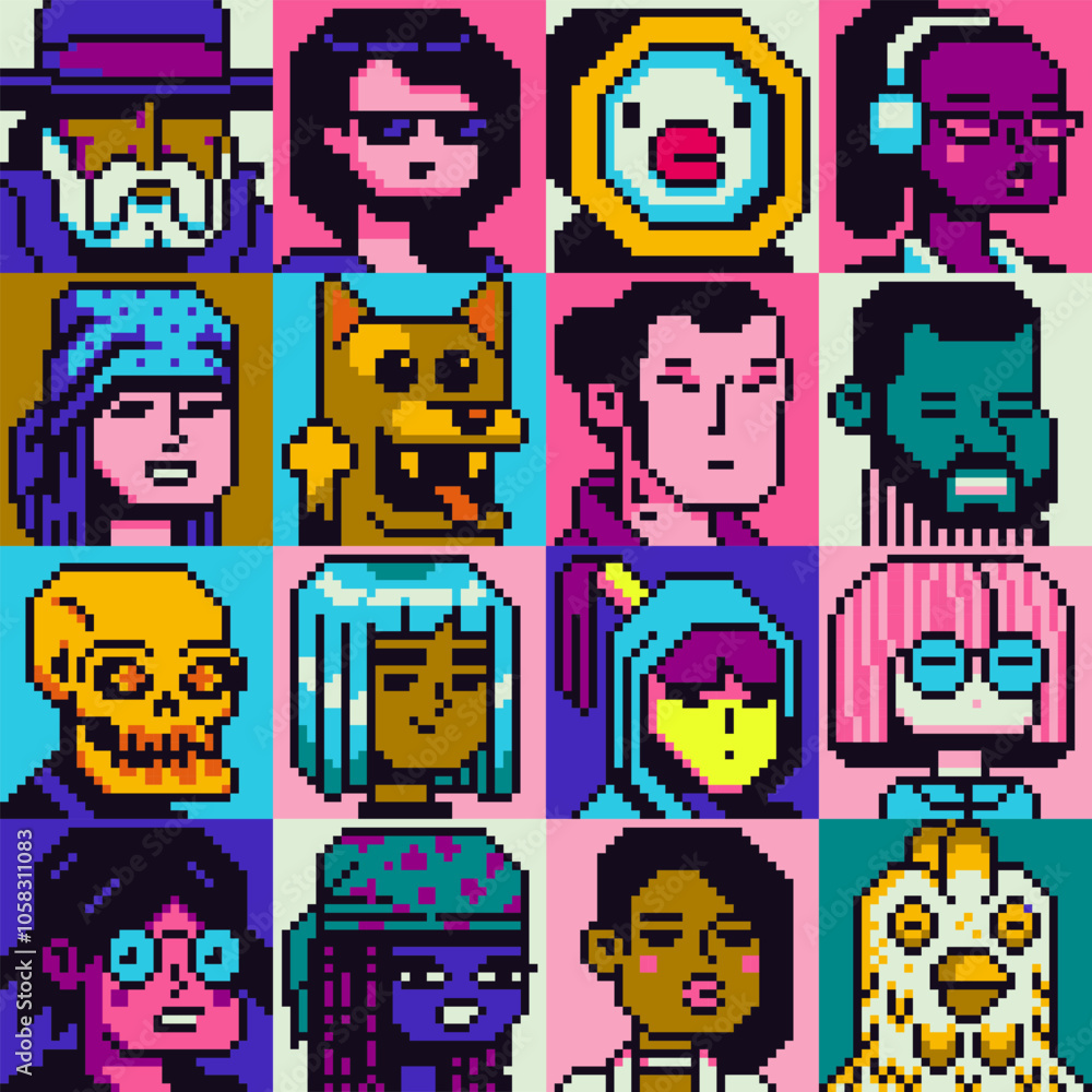 Obraz premium Pixel art people character set, man, woman, girl, guy, avatar, social net portrait, profile picture. Design of 80s. Game assets. 8-bit. Isolated vector illustration background.