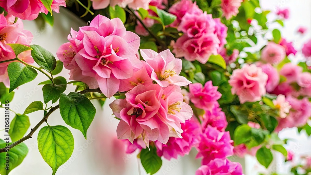 Beautiful Pink Flowers and Leaves on a White Background with Copy Space for Urban Exploration Photography and Nature-Themed Projects, Perfect for Editorial and Creative Use Beautiful Pink Flowers and Leaves on a White Background with Copy Space for Urban Exploration Photography and Nature-Themed Projects, Perfect for Editorial and Creative Use