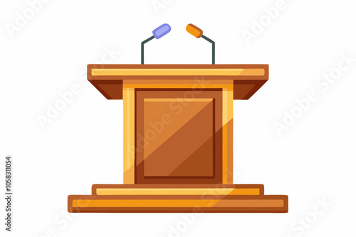 Wooden rostrum tribune with microphones and golden nameplate