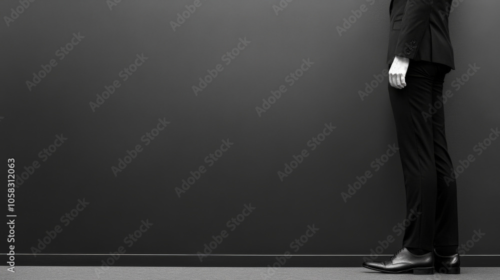 person in suit standing against black wall, conveying sense of professionalism and contemplation. posture suggests confidence and focus person in suit standing against black wall, conveying sense of professionalism and contemplation. posture suggests confidence and focus