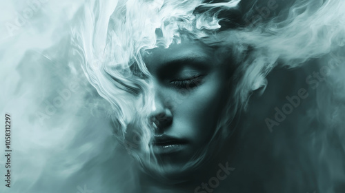 person’s face obscured by swirling chaotic vortex of smoke, creating mysterious and ethereal atmosphere. soft tones enhance surreal effect