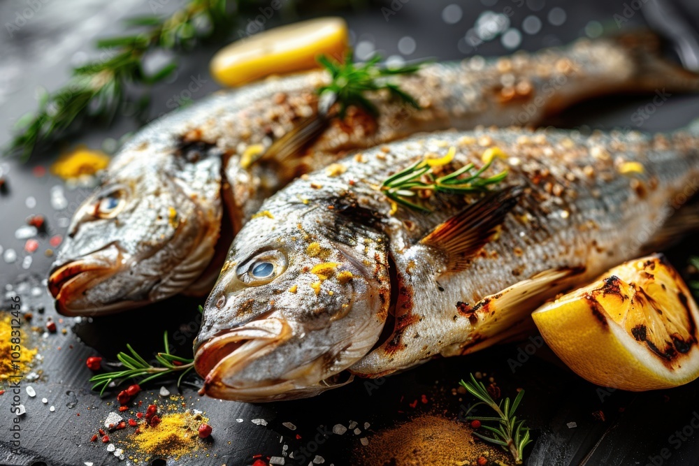 Two grilled sea bream fish garnished with lemon wedges and sprigs of rosemary on a dark plate.
Two grilled sea bream fish garnished with lemon wedges and sprigs of rosemary on a dark plate.
