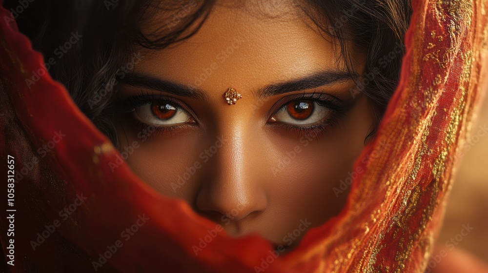A beautiful Indian actress with a veil covering her face, peeking A beautiful Indian actress with a veil covering her face, peeking